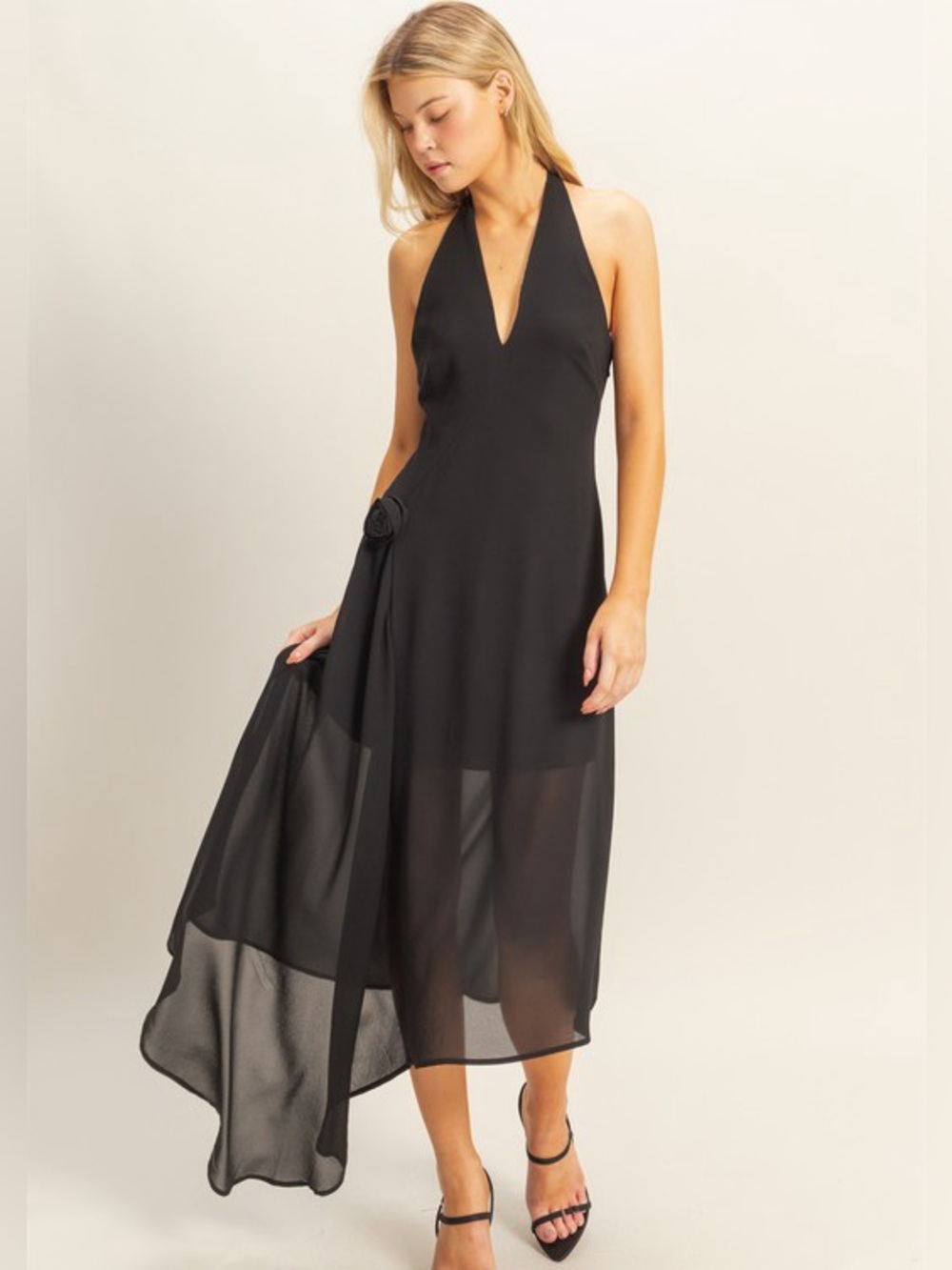 💖Hello Gorgeous! Chiffon Halter Asymmetrical Hem Dress - Black
